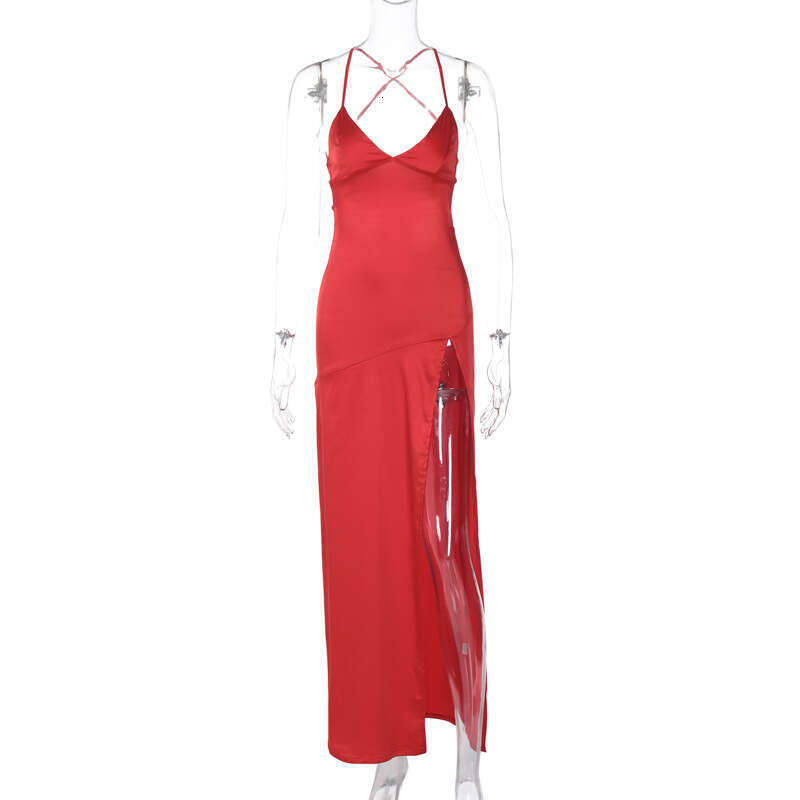 Hot selg women's spring product fashionable and sexy V-neck backless lace up slit dress wholesale 2025 new casual versatile fashion clothing