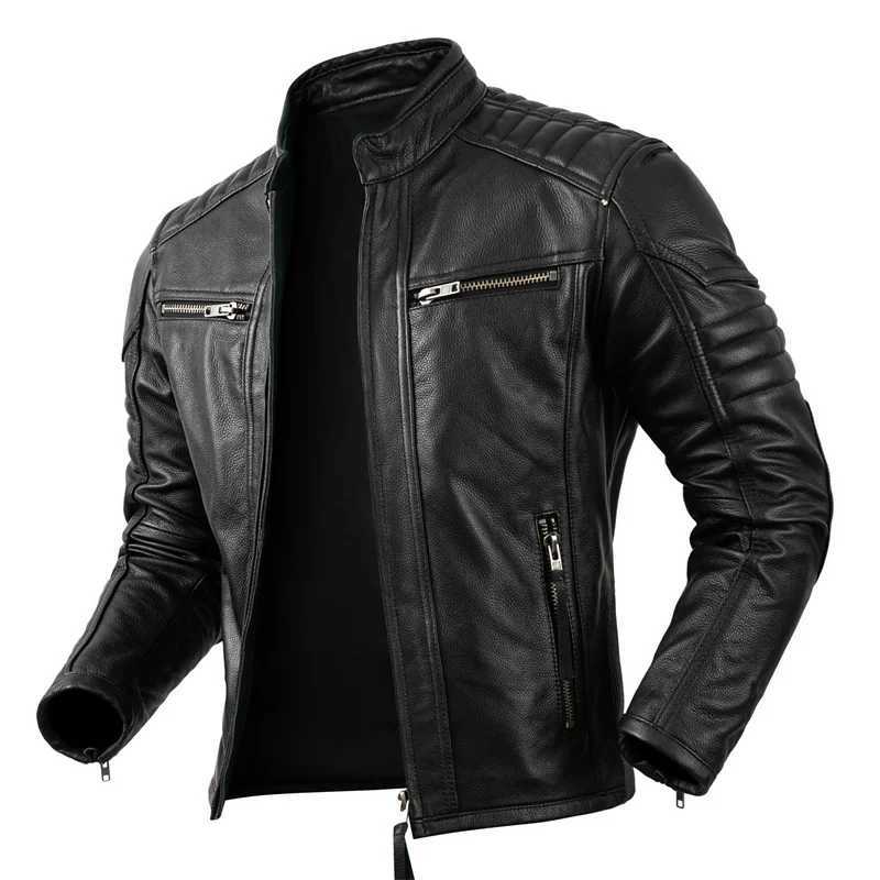2023 New Motorcycle Causal Vintage Leather Coat Men Autumn Outfit Fashion Biker Pocket Design Top Layer Cow Leather Jacket X250213