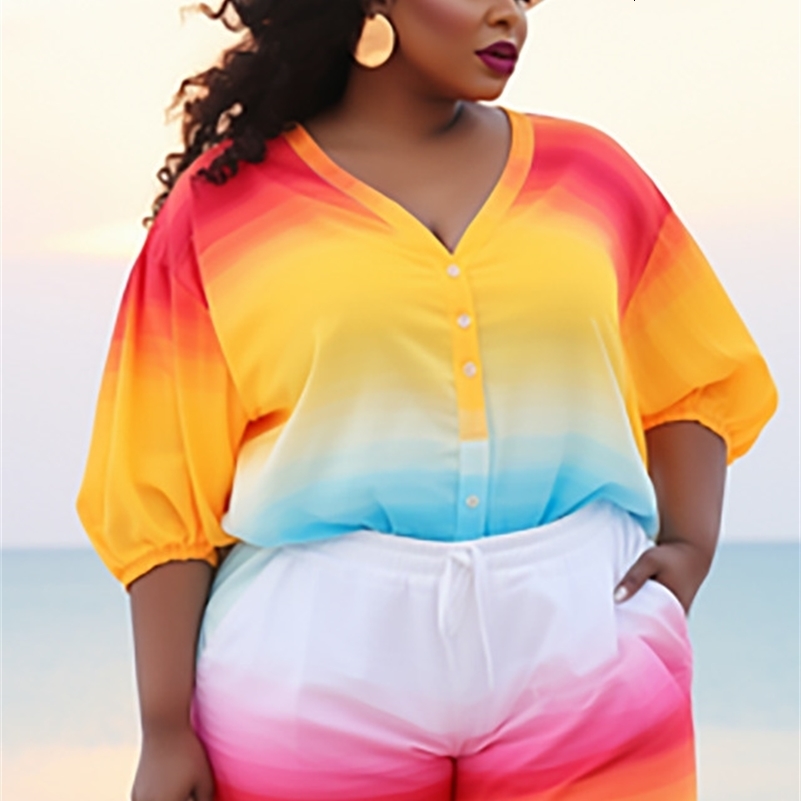 Plus Size Beach Casual Multicolor Gradient V Neck Lantern Sleeve Half Button Pocket Two Piece Short Sets y250122