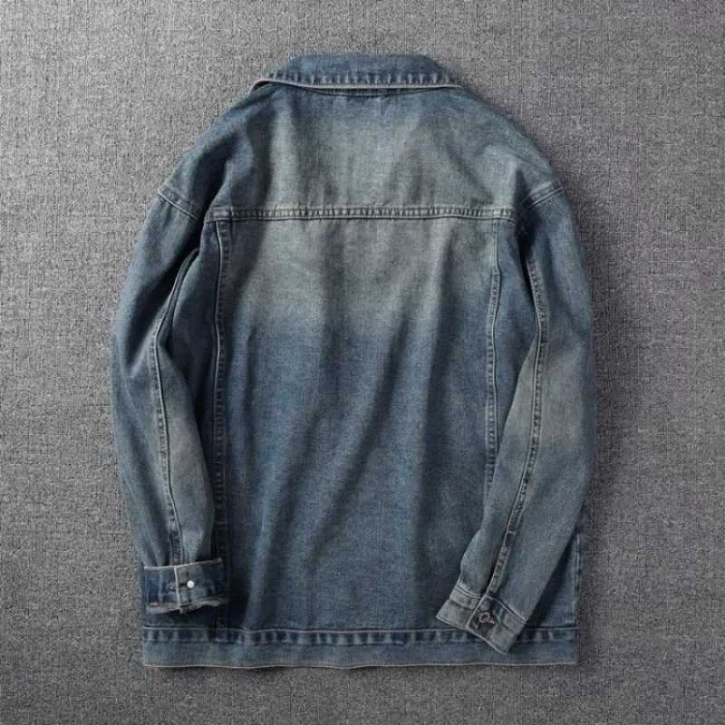 American Retro Old Denim Jacket Mens Spring Short Silm Tooling Casual Washed Jacket Patchwork Cargo Straight Jeans Coats Blue X250213
