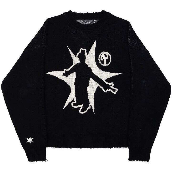 New hip-hop streetwear knitted men's Gothic printed pullover autumn Harajuku women's sweater