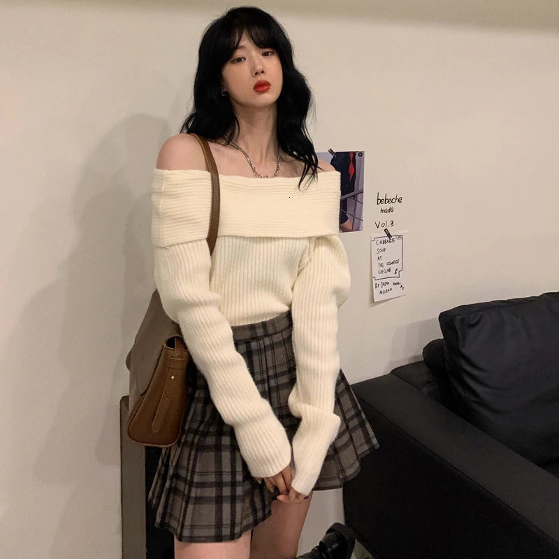 Lucyever Slash Neck Knitted Sweater Women Sexy Off Shoulder Long Sleeve Pullovers Female Korean Elegant Thicken Slim Jumpers Top 250210