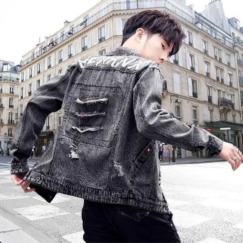 Mens Denim Jacket Autumn Ripped Male Jean Coats with Hole Punk Trendy Y2k Korea Menswear Vintage Clothing Winter Outerwear Rock X250213