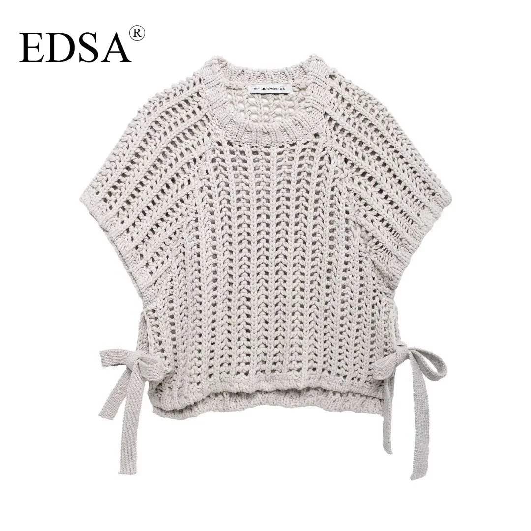 EDSA Women Chunky Knit Top with Side Straps O-Neck Short Sleeves Hollow Out Cropped Sweater Pullover for Casual Female 250210