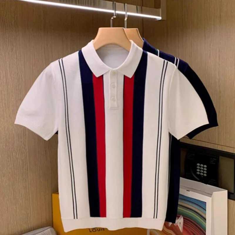 Luxury Striped Knitted Mens Polo Shirts Fashion Contrast Color Short Sleeve Slim Polo Tops Men Summer Vintage Button Lapel Polo X250213