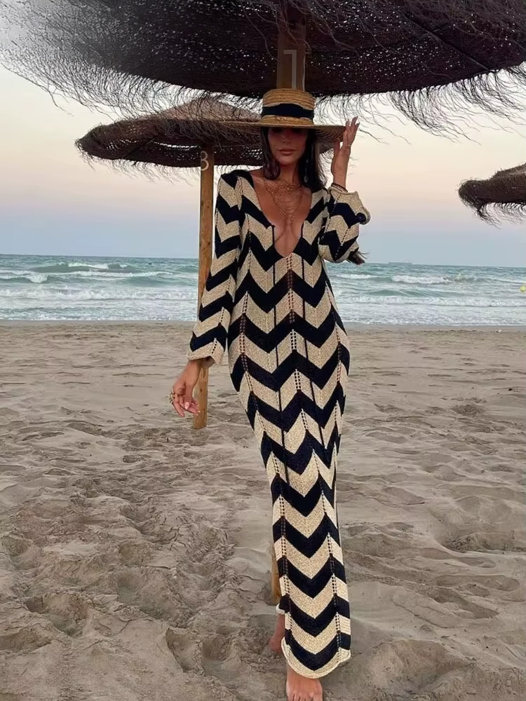 2025 Elegant Striped Knitted Dress Women Sexy V-Neck Hollow Out Lace Up Long Sleeve Vestido Female Vacation Robes