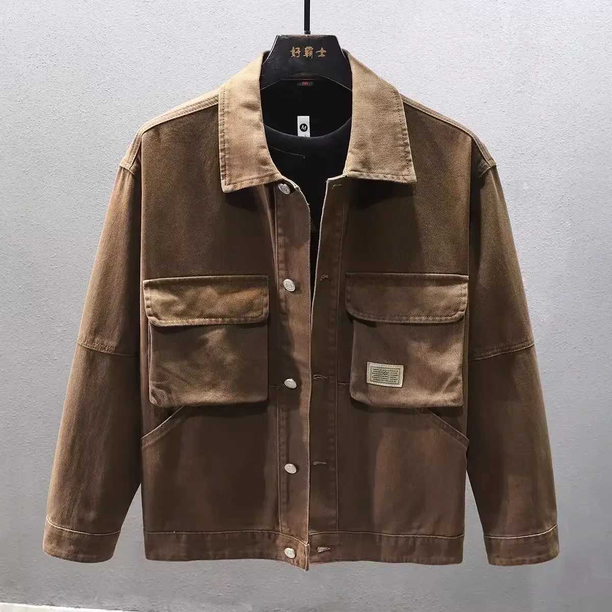 Mens Denim Jacket Brown Plus Size Cargo Male Jean Coats Camouflage Fast Delvery of Fabric Korean Popular Clothes Vintage Elatic X250213