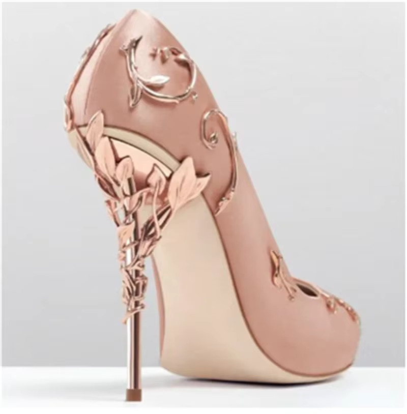 White Royal Blue Carved Metal Ral Branch Wrapped Heels Silk Pumps Glitter Buds Stilettos Pointed Toe Wedding High Heel Shoes