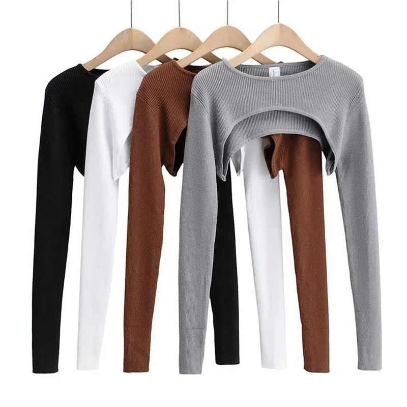 Sexy Elegant SuperShort Long Sleeve Tshirts Womens Cropped Top Ladies Solid Vintage Crop Spring Autumn Tees Female Blouse 250211