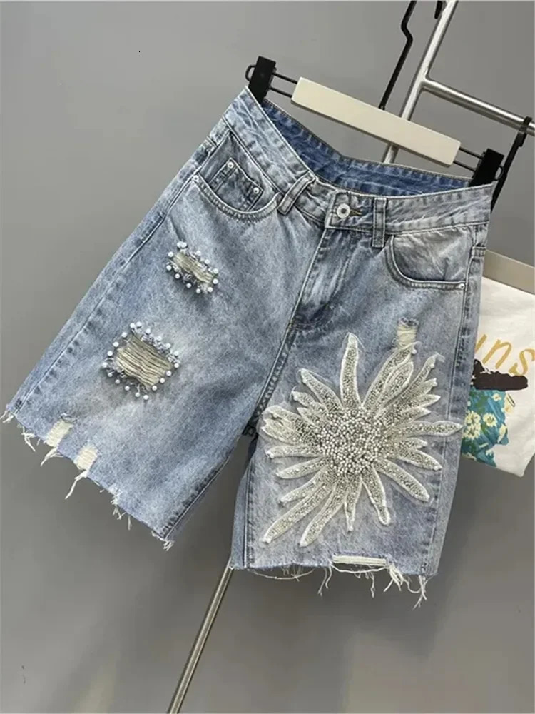 Summer Nail bead 3D three-dimensional flower Denim Shorts Women European High Waist Washed Pants Stretchy Jeans pants 250210