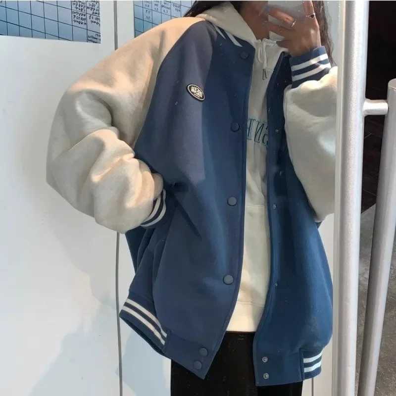 Bomber Jackets Loose Fashion Patchwork Outerwear Hooded Women Long Sleeve Y2k Preppy Style American Vintage Blue White Coats X250213