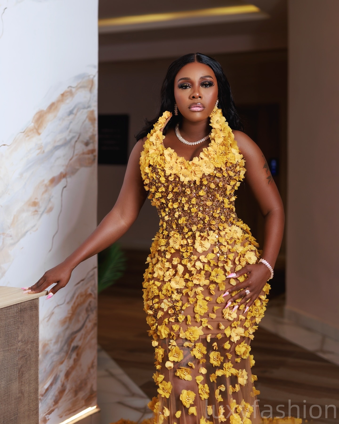 Aso Ebi 2025 Yellow Illusion Mermaid Prom Dresses Flowers Beaded Luxurious Evening Formal Party Second Reception Birthday Gowns Dress For Special Occa