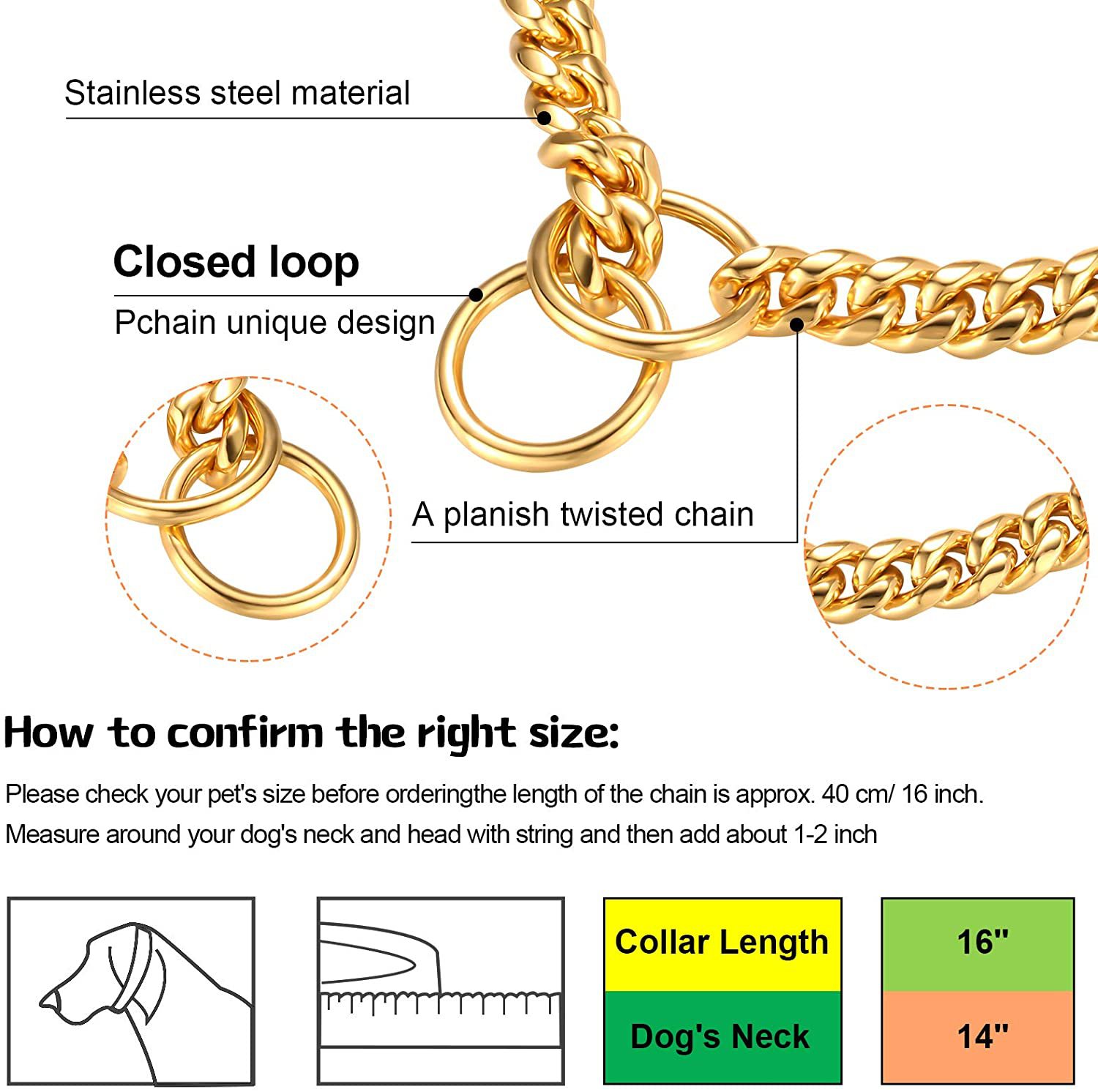 Gold Chain Dog Collar Walking Metal Chain Necklace with Secure Buckle Pet Cuban Style Collar Jewelry Accessories for Small Medium Large Dog Personaliz