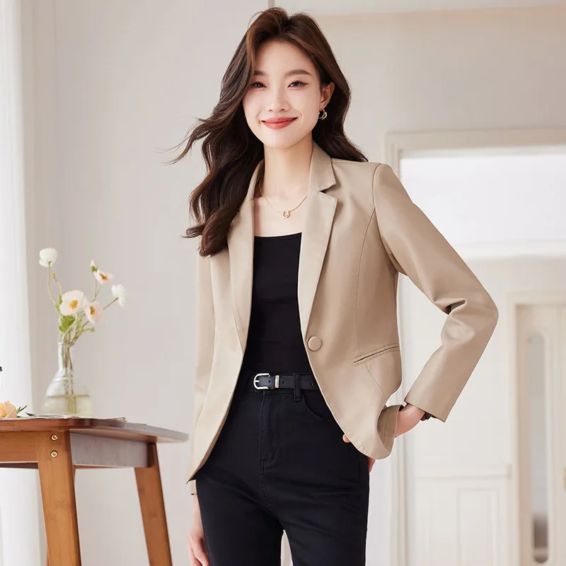 Simple PU Leather Women Blazer and Jackets Autumn Winter Clothes Female Suit Coat Office Ladies Elegant Stylish Outerwear Tops 250213