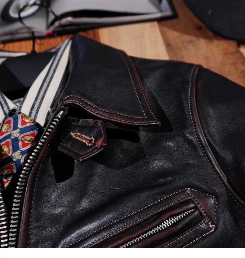 Classic Reproduction of 1930 S Tea Core Horse Leather Robe Motorcycle jacket Retro vintage American style Retro Amikaki Mens X250213