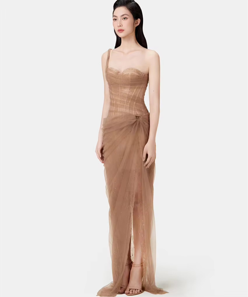 Runway Fashion Sexy Summer One Shoulder Prom Party Long Dress For Women's Sleeveless Mesh Lace Sequin Twist Split Evening Robe