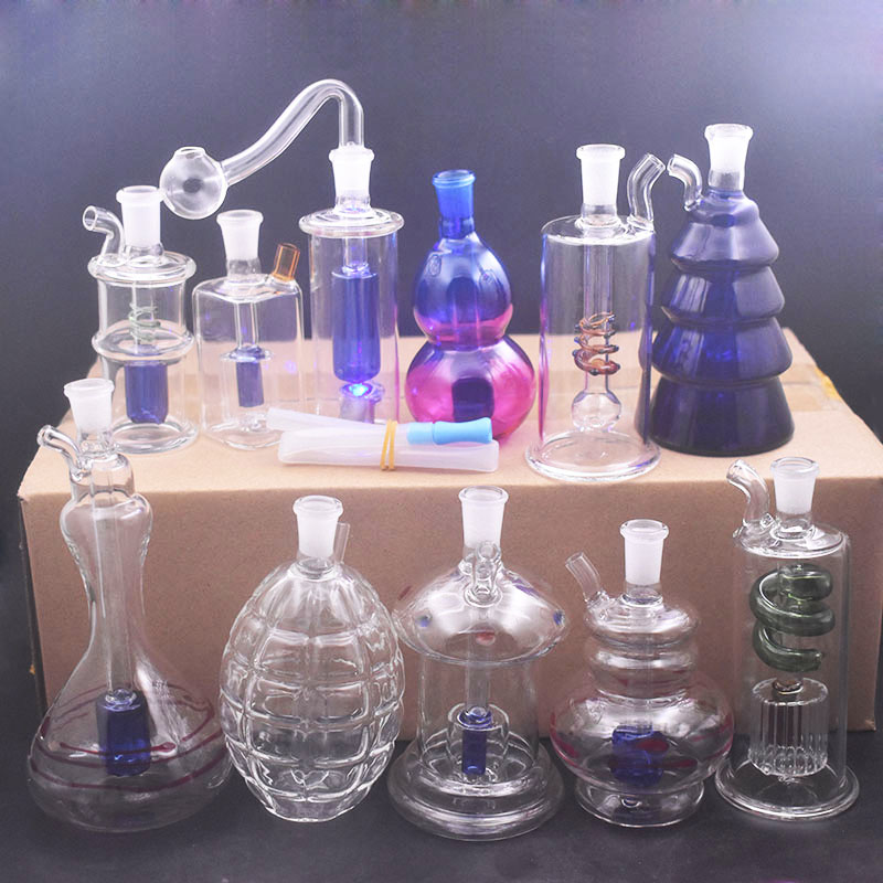 mini hookah Glass bongs LED light bubbler recycler smoking water pipe inline matrix perc ashcatcher ash catcher bongs with male glass oil burner pipe and hose