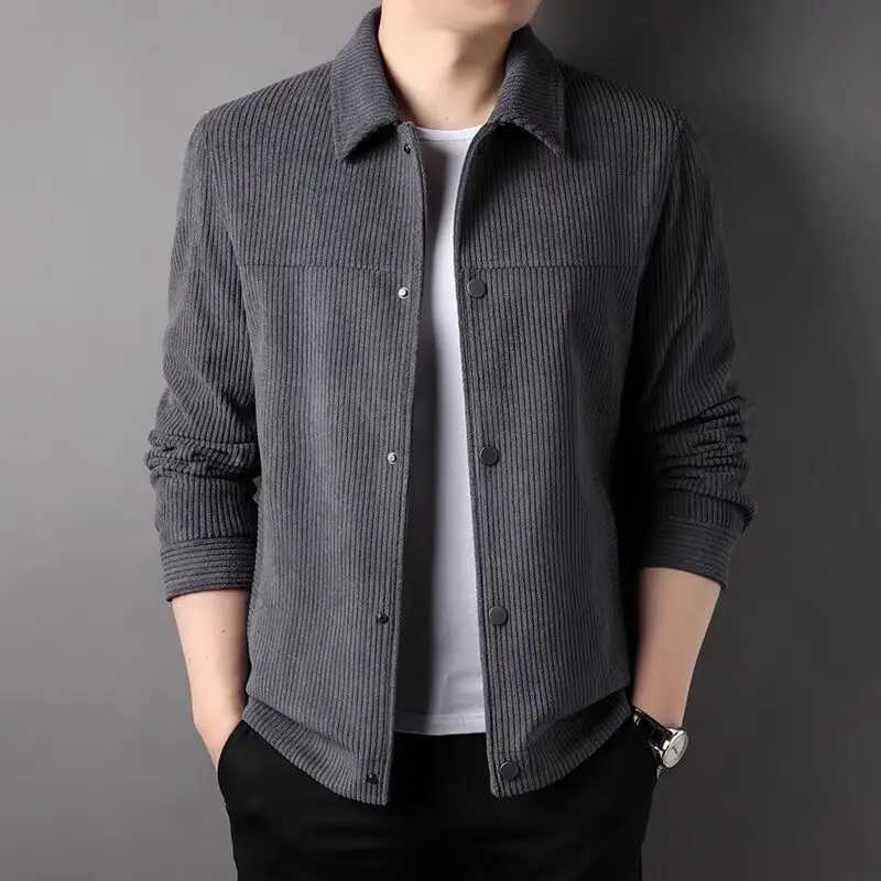 Autumn New Neck Corduroy Jacket Mens Solid Button Pocket Korean Youth Fashion Business Casual Work Coat Long SLeeved Top X250213