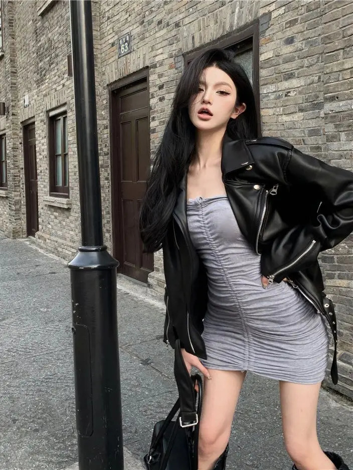 Y2K Fashion American Trend PU Leather Jacket and Coat Womens Street Hip Hop Loose Zipper Jacket Neutral Motorcycle Leather Jacket 250208