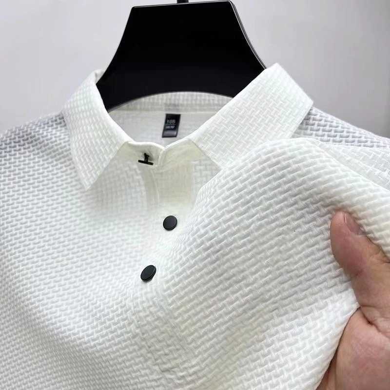 Summer mens silk hollow knitted polo shirt Korean luxury fashion business casual comfortable breathable short sleeved top X250213