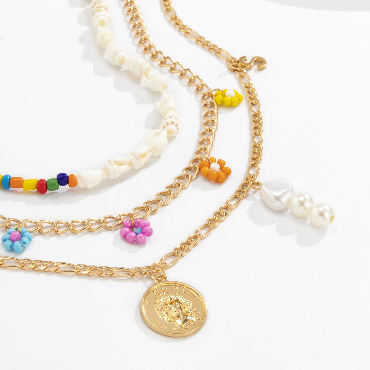 Countryside splicing asymmetrical shell imitation pearl geometric letters contrasting daisy rice bead designer necklace
