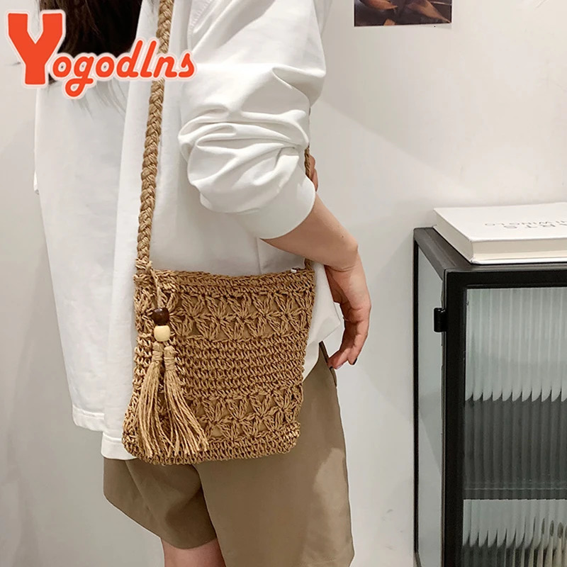 Yogodlns Bohemian Straw Bag Women Casual Travel Beach Bags Fashion Handmade Shoulder Bag Kintted Crossbody Bag Tassel Handbag 250207