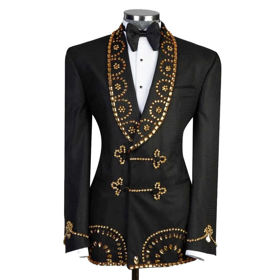 Handsome Wedding Tuxedos Rhinestone Beaded Double Breasted Men Suit Shawl Lapel 1 Piece Set Jacket Groom Blazers Customized
