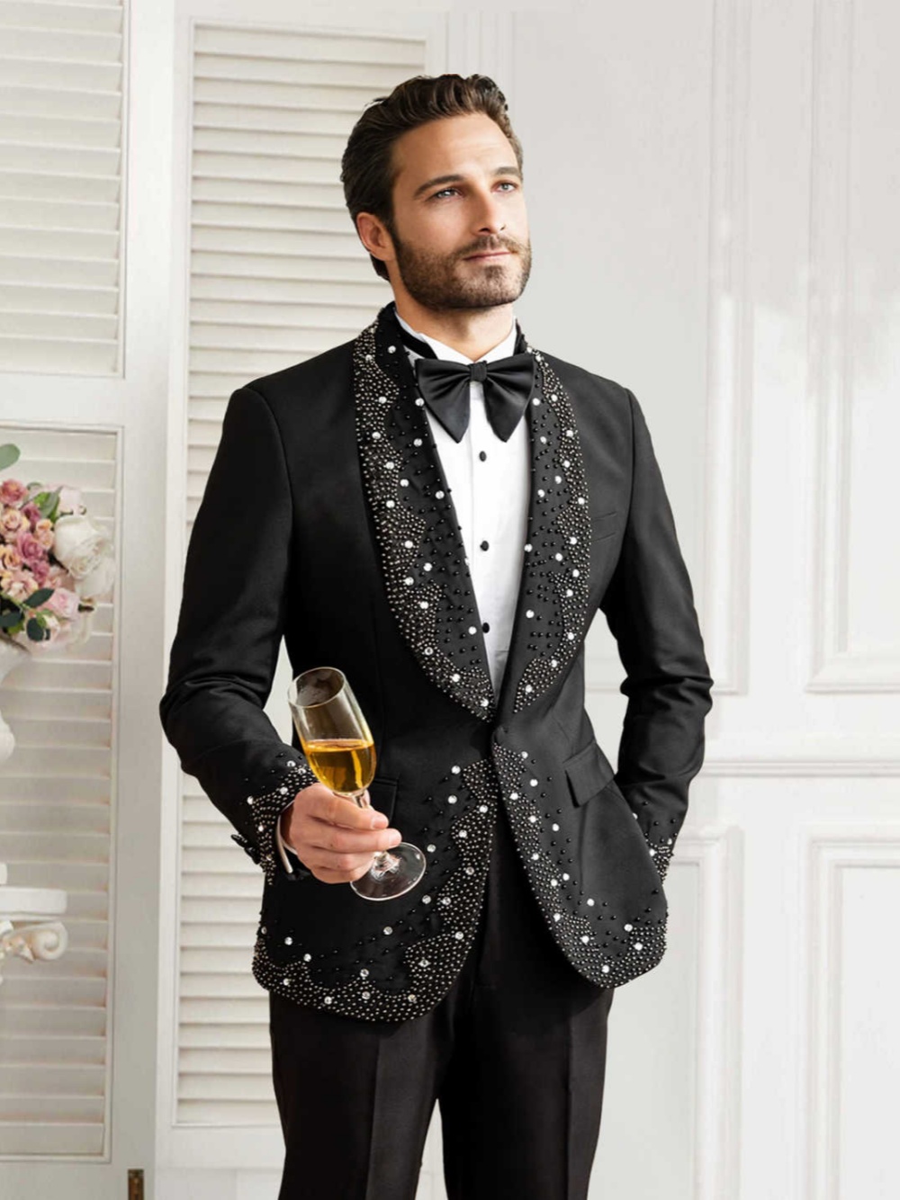 Handmade Wedding Tuxedos Beaded Crystal One Button Men Suits Shawl Lapel 3 Piece Set Jacket Vest Pants Groom Blazers Customized
