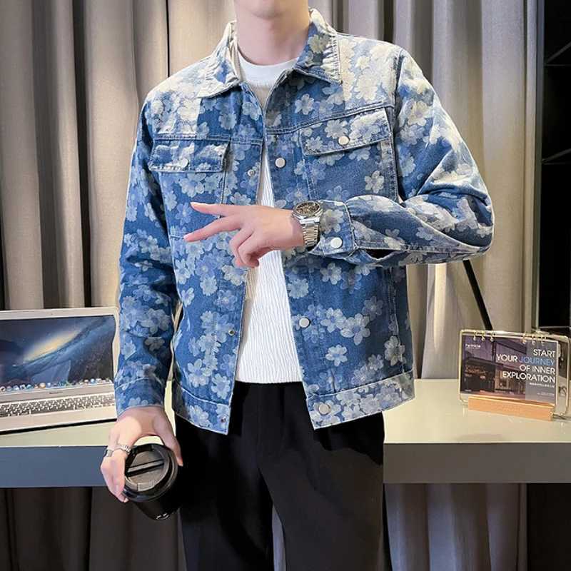 Korean floral print denim jacket slim fit mens denim jacket fashionable casual jacket social street clothing mens clothing M-4XL X250213