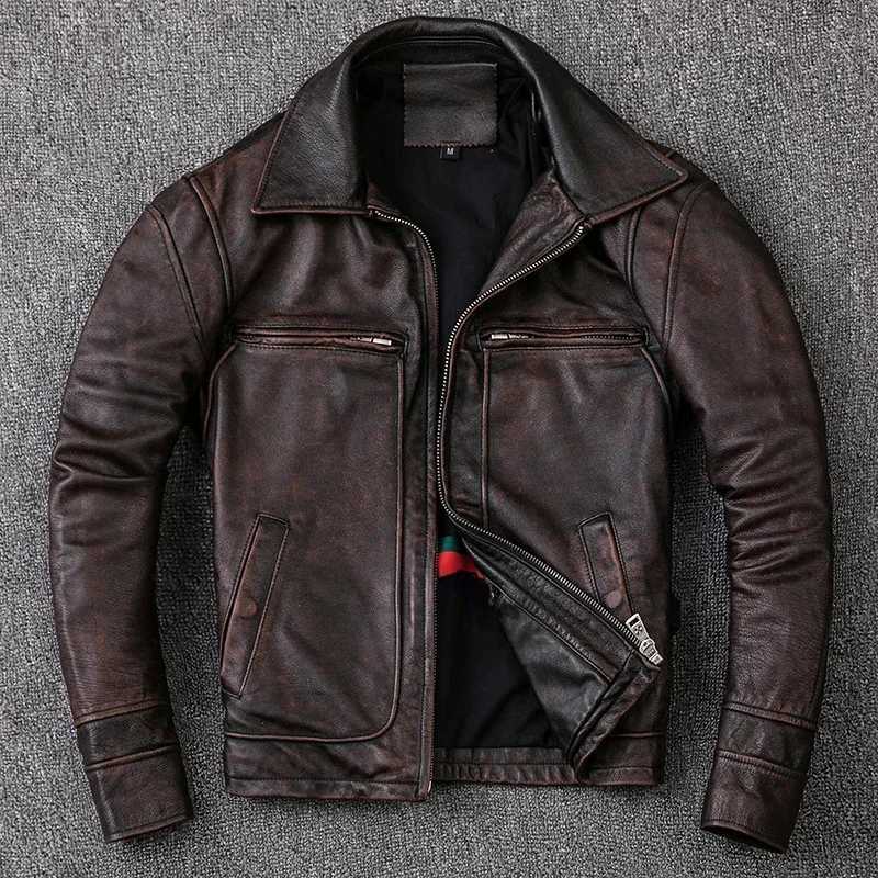 New Men Cowhide Coat Mens Genuine Leather Jacket Vintage Style Man Leather Clothes Motorcycle Biker Jackets Plus Size 134cm X250213