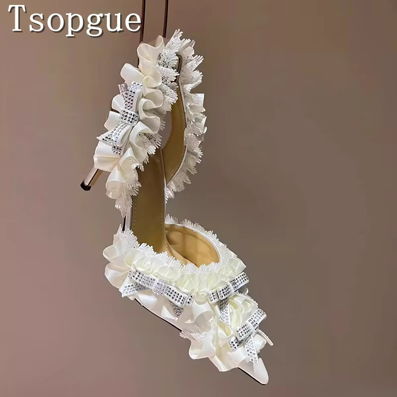 Design Rhie Bow Decoration Satin Pumps Women Elegant Pointed Toe Lace High Heels Sandals Bride Wedding Party Shoes