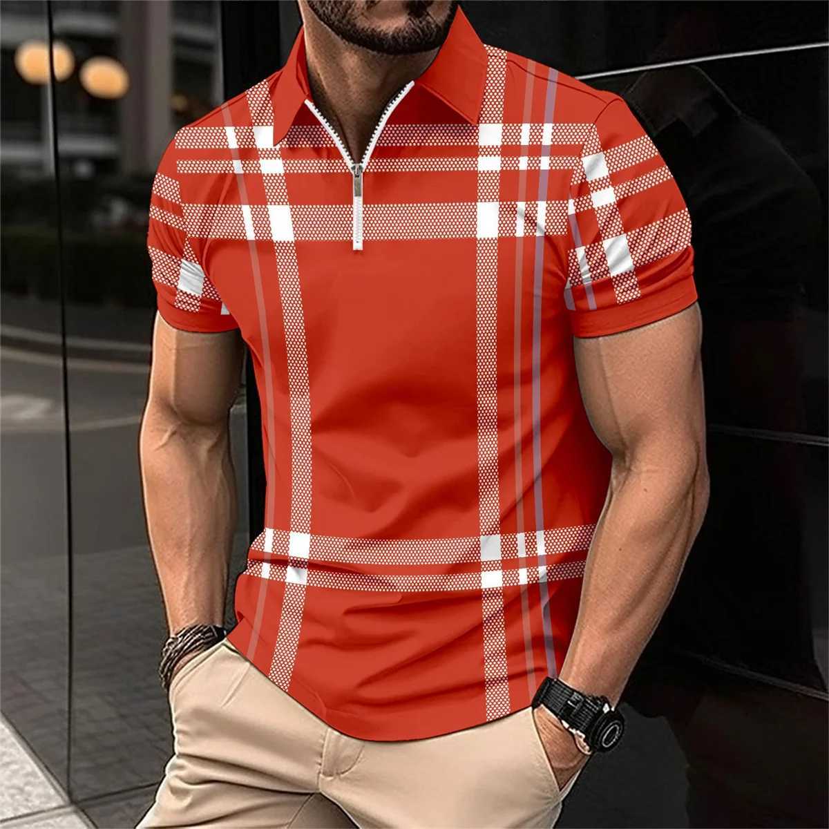 2024 Summer Mens Fashion New Lapel Zip-Up Short Sleeve Business Casual Street Striped Print Comfortable Polo Shirt X250213