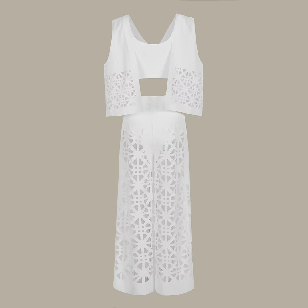 Two Piece Set Wides Legs Elegant Solid Women Deep V Hollow Out Sexy Short Top Wide Leg Pants Suit Office Lady Clothing