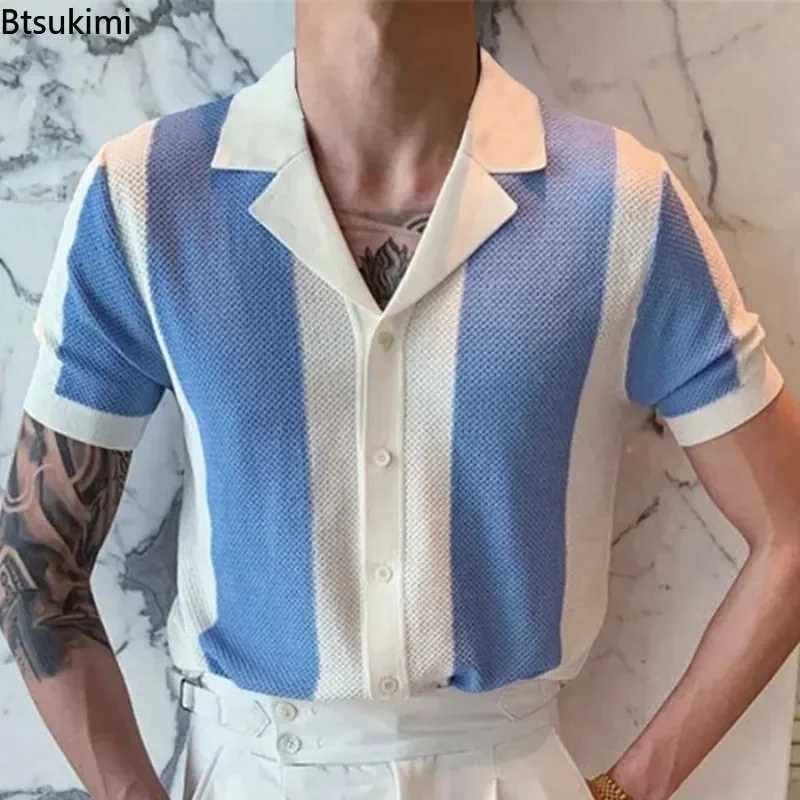 2025 Summer Mens Short sleeved Knitted Polo Shirt with Retro Fit Elastic T-shirt Top Business and Leisure Mens Shirt X250213