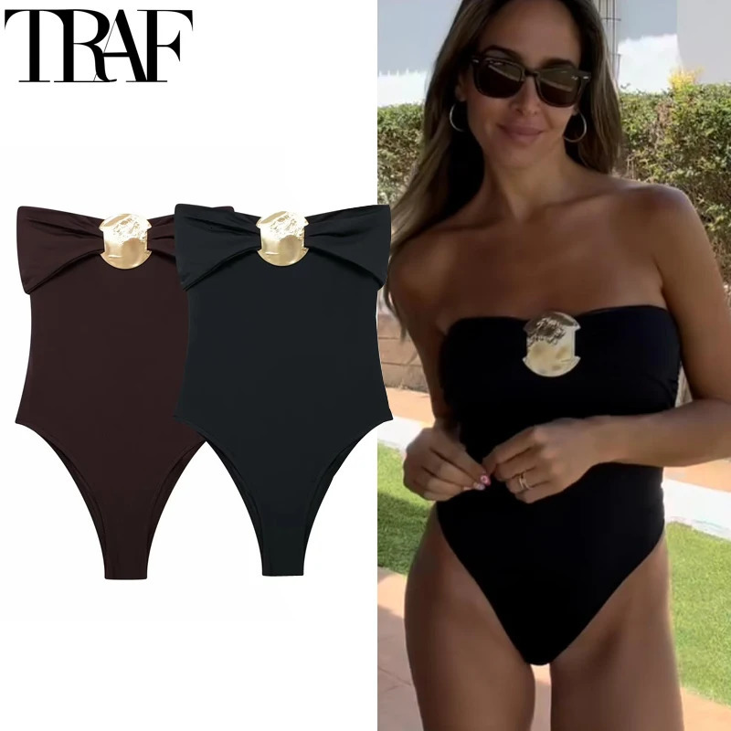 TRAF Sexy Body Woman Off Shoulder Black Bodysuit Women Strapless Bodycon Corset Backless Brown Beach Swimsuit 250211