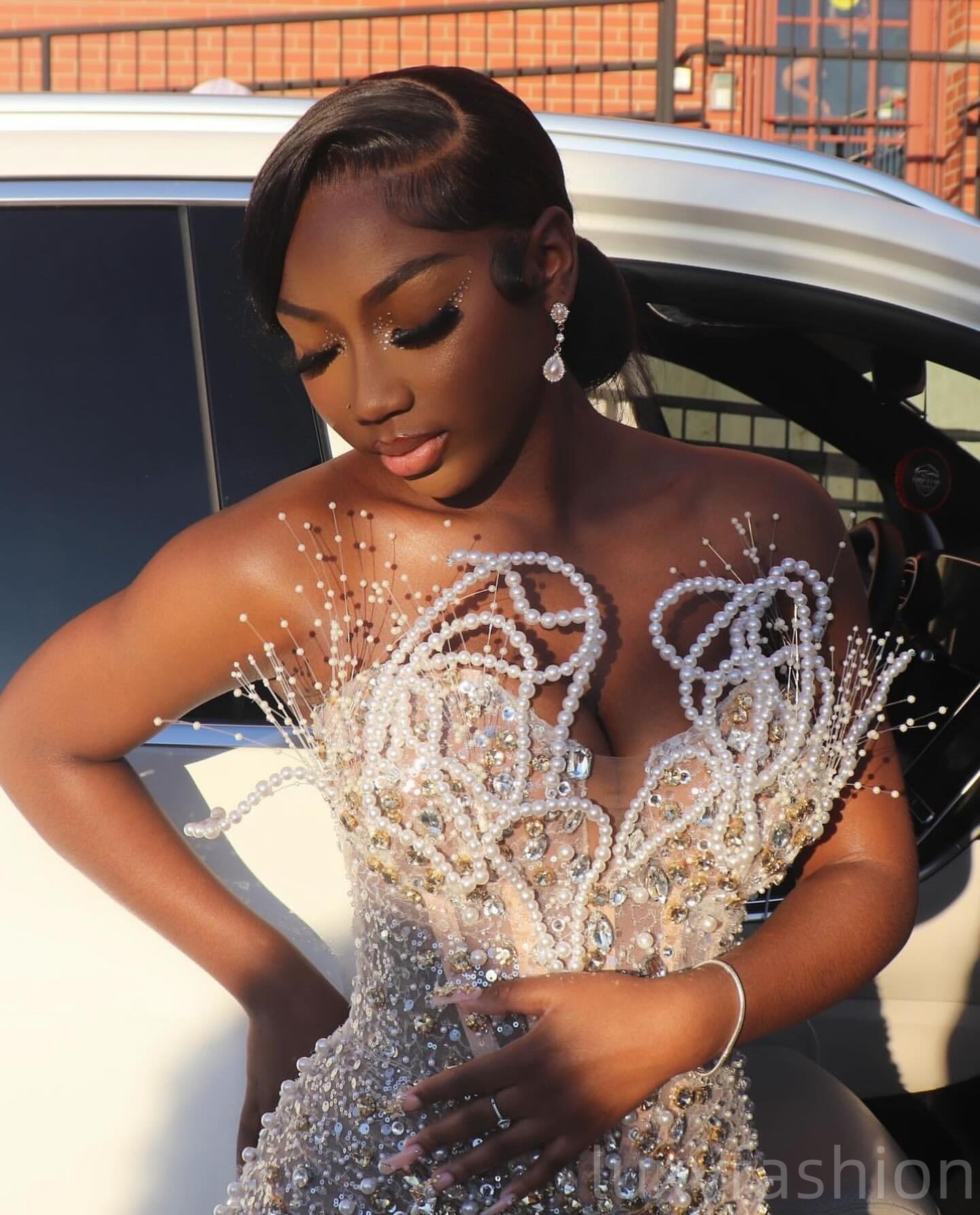 Aso Ebi 2025 Ivory Illusion Mermaid Prom Dresses Crystals Pearls Sequined Evening Formal Party Second Reception Birthday Gowns Dress For Special Occas