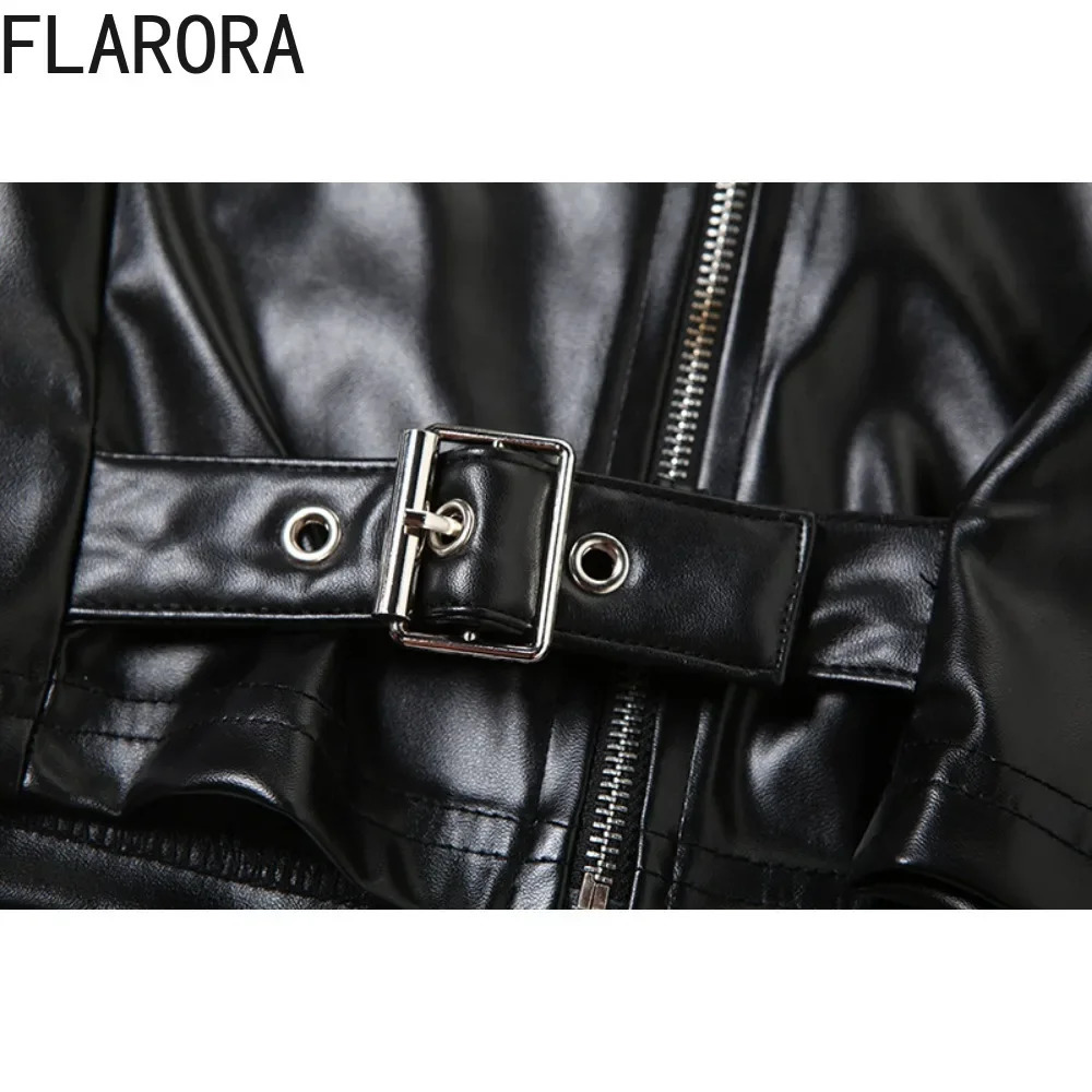 FLARORA Black Pu Leather Patchwork Jackets Woman Long Sleeve Zipper Crop Coats Fashion Y2k Streetwear Motorcycle Jacket 250208