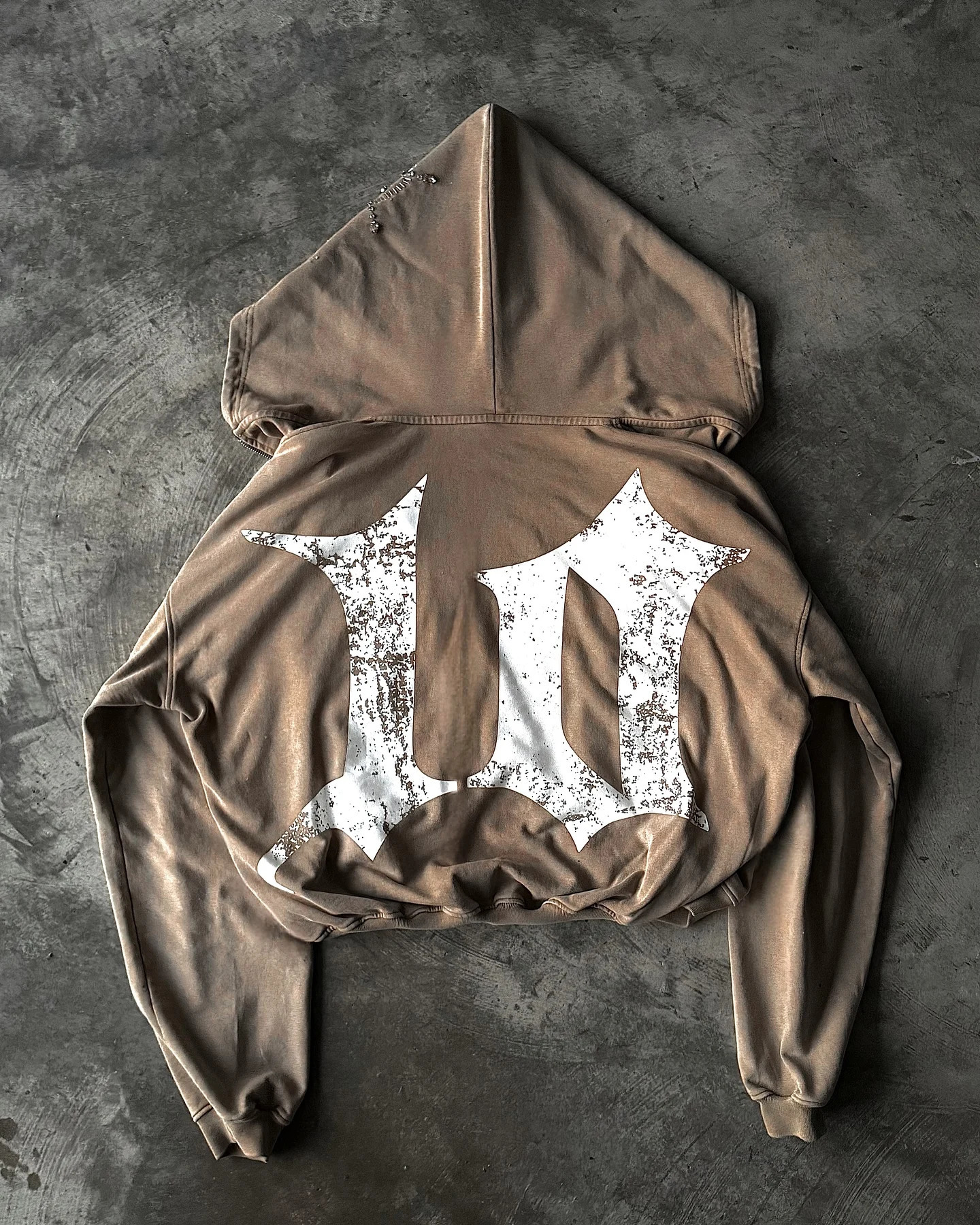 Retro Brown Rhinestone Element Gothic Hoodies Oversizeds Zip Up Distressed Sweatshirts for Men Simplicity Gothic Hoodies 250213
