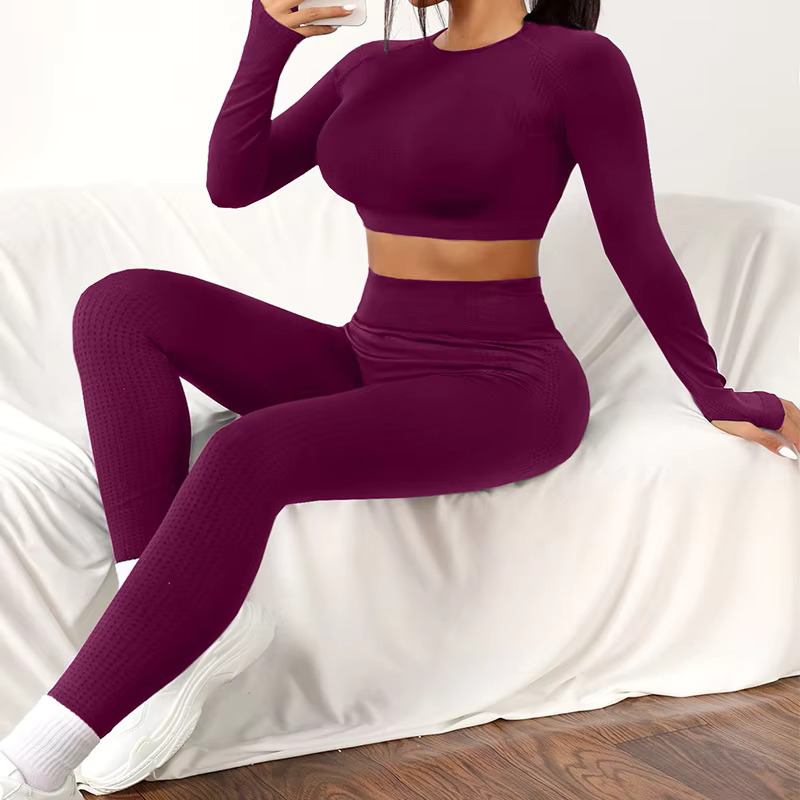Two-Piece Seamless Sports Training Suit,Long-Sleeved High-Waisted Round-Neck Top,Yoga Trousers Tight Leggings,Women's Sportswear