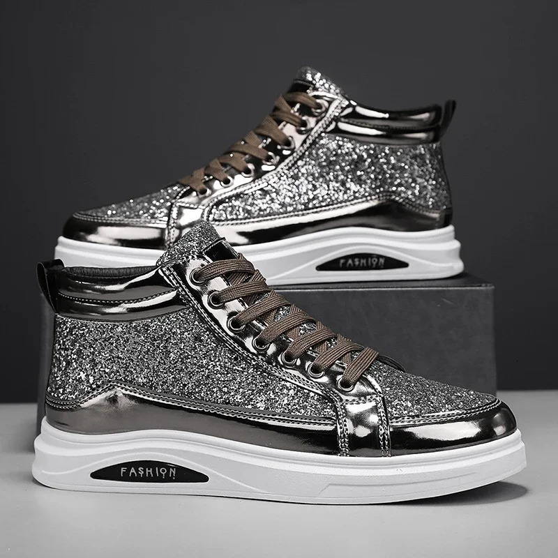 2025 Fashion Gray Mens High Top Shoes Glitter Leather Man Casual Sneakers Streetwear Hip-hop Skateboard Shoes Men Plus Size 250208