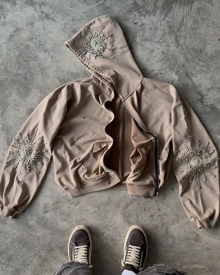 Retro Brown Rhinestone Element Gothic Hoodies Oversizeds Zip Up Distressed Sweatshirts for Men Simplicity Gothic Hoodies 250213