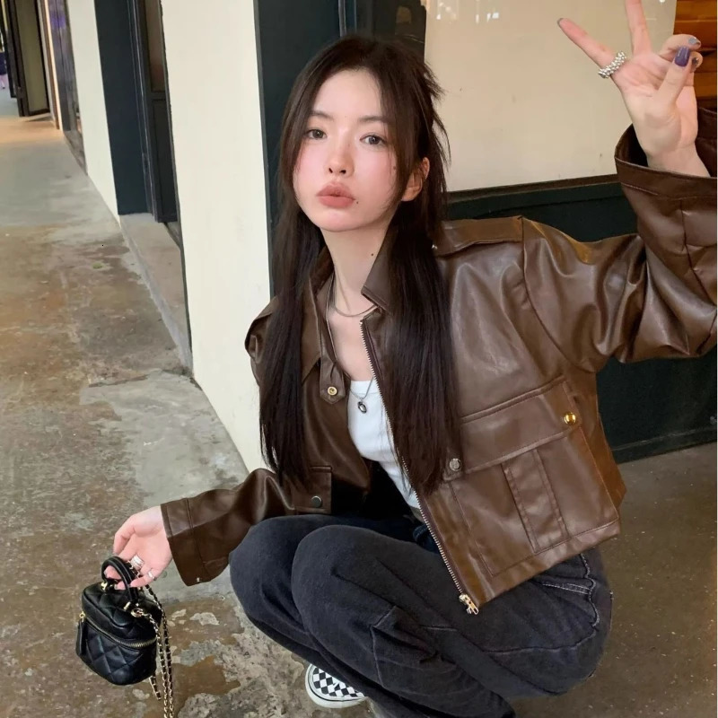 American Vintage Brown Leather Jacket Women Casual Y2k Cropped PU Motorcycle Coats Spring Autumn Harajuku Korea Female Outwear 250213