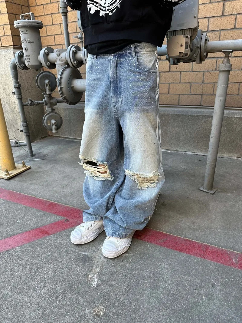 Y2K baggy jean American street style hole phantom fashionable lines floor length pant Gothic washed Cat whisker hip hop men pant 250213