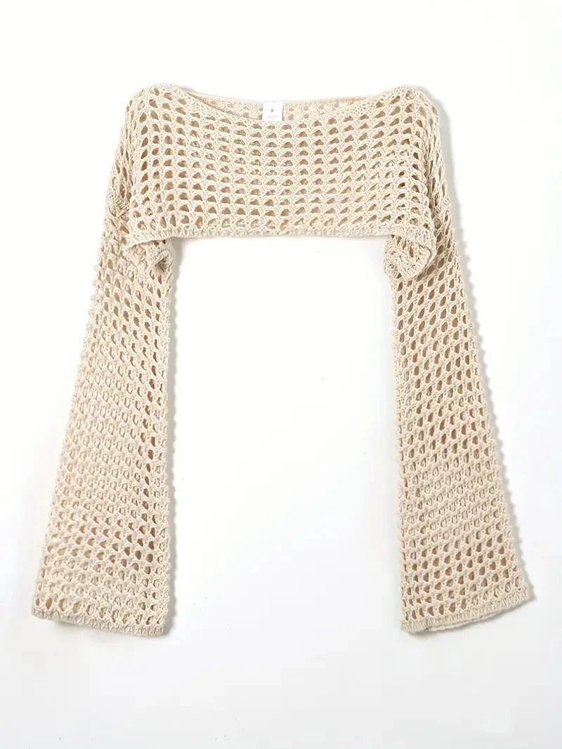 Womens Crochet Knit Hollow Out Crop Top Long Sleeve Shrug Sweater Mesh Cover Ups Cardigan Streetwear Pullover Women Clothes Y2k 250210
