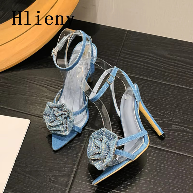 Hlieny 2025 Fashion Wer Buckle Strap Sandals Thin High Heels Women's Sexy Pointed Toe Crystal Party Dress Female Shoe
