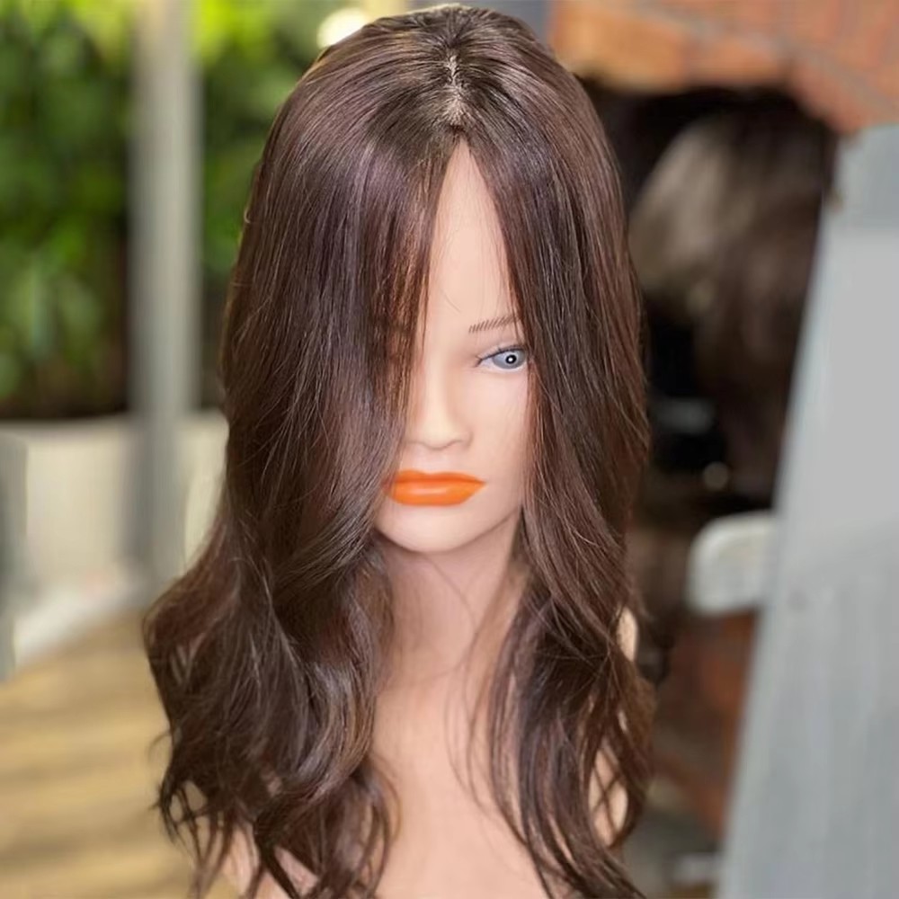 Dark Brown Wavy Hair Silk Base Human Hair Topper Real Scalp Women Toupee Thin Hair Help Hairpiece with Clips