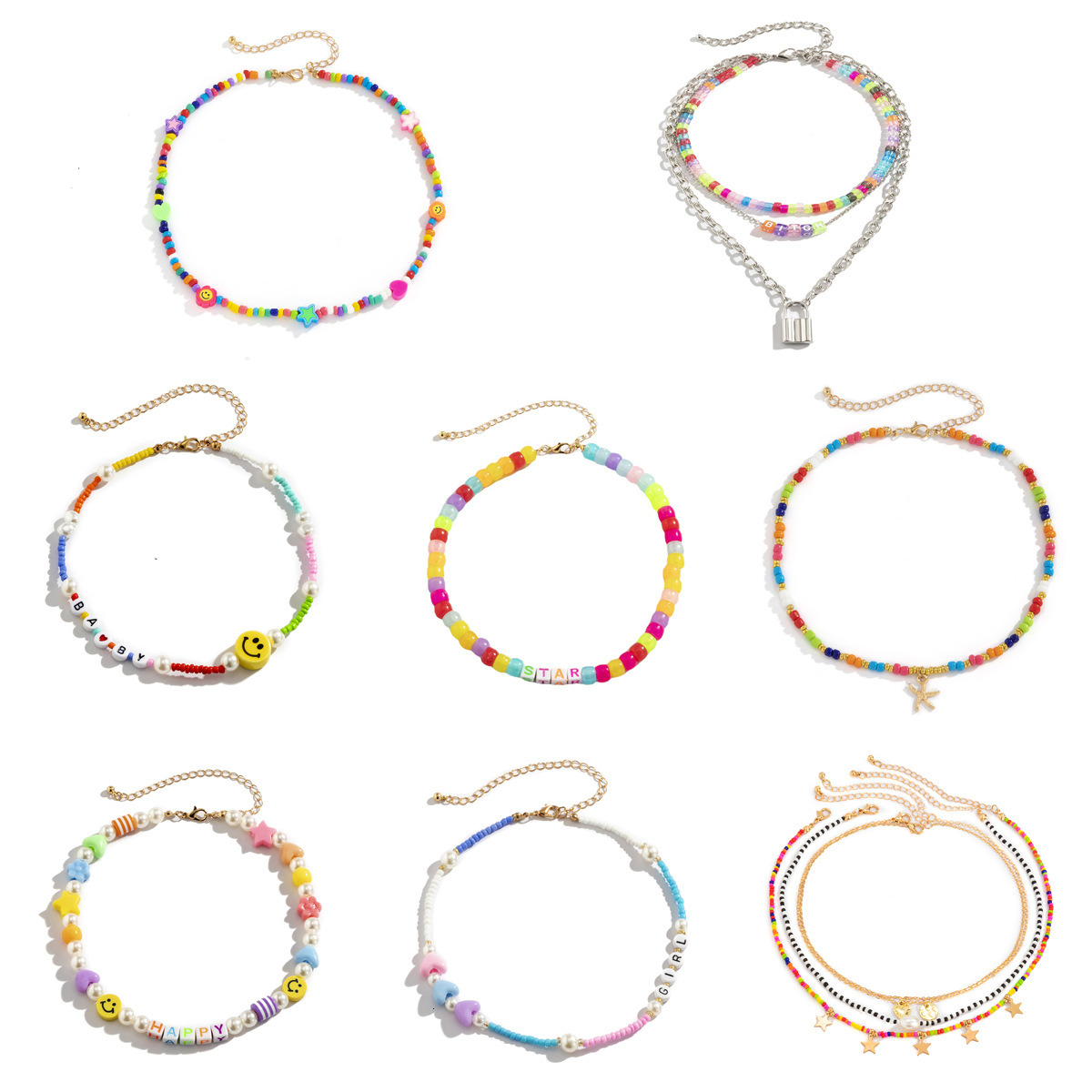 female Jewelry Handmade Beaded Soft Ceramic Smig Face Necklace with Personalized Simplicity, Star designer Rice Neckchain