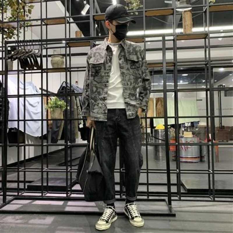 Mens Denim Jacket Long Shirt Wide Shoulders Fashion Male Jean Coats Sleeves Korean Popular Clothes Lxury Print Vintage Cowboy X250213