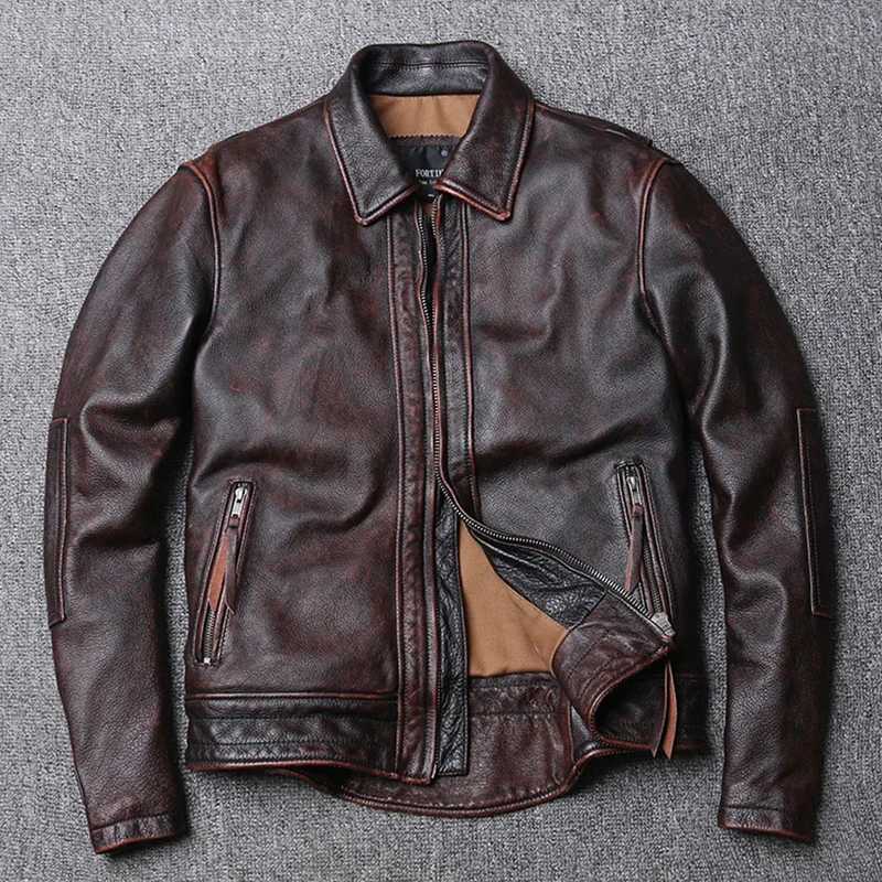 Red-Brown American Retro Motorcycle Style Distressed High Sense Classic Genuine Leather Jacket Vintage Quality Cowhide Coat 6XL X250213
