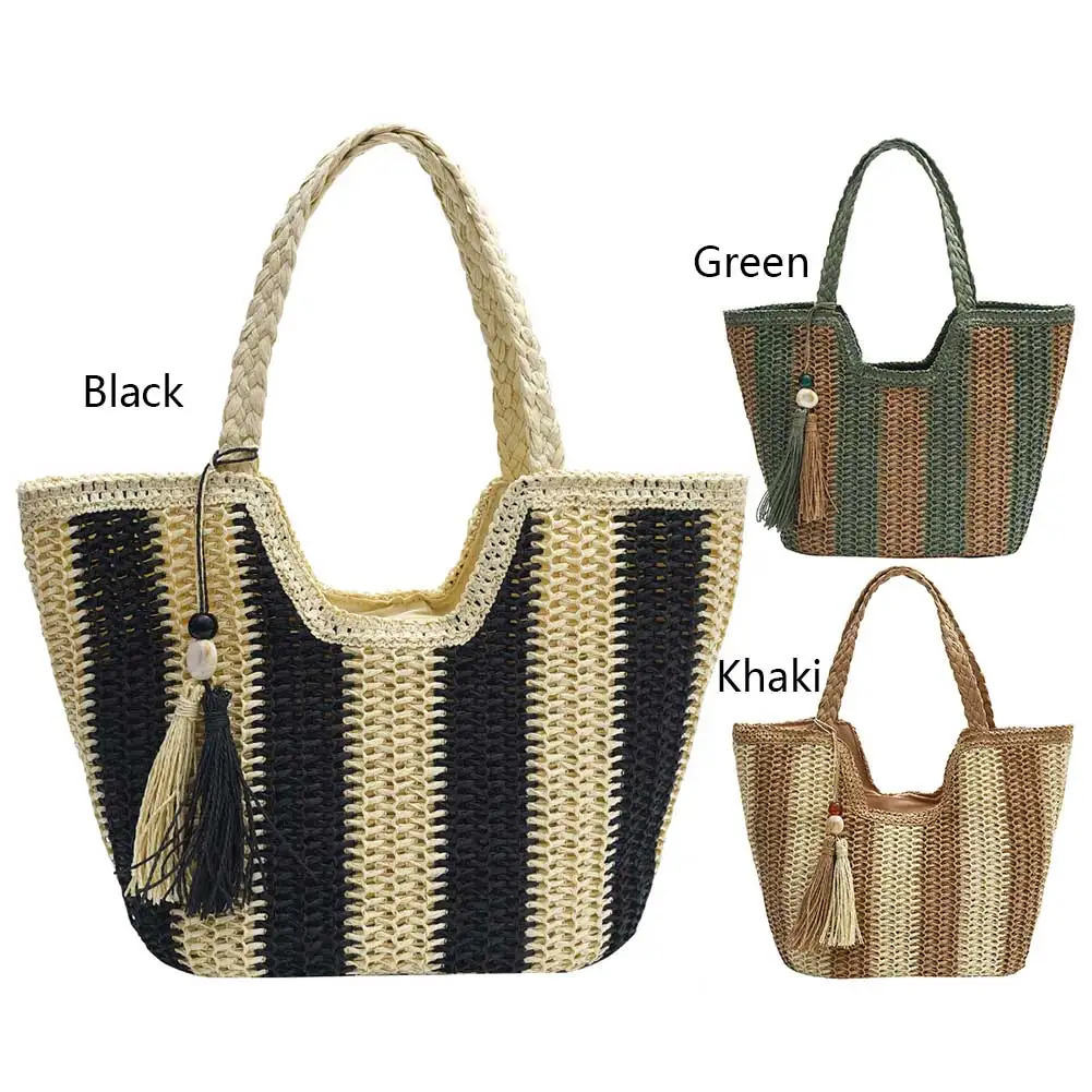 Striped Straw Beach Bag Large Vacation Bag Woven Holiday Travel Handbag with Tassel for Women Work Travel Vacation 250207